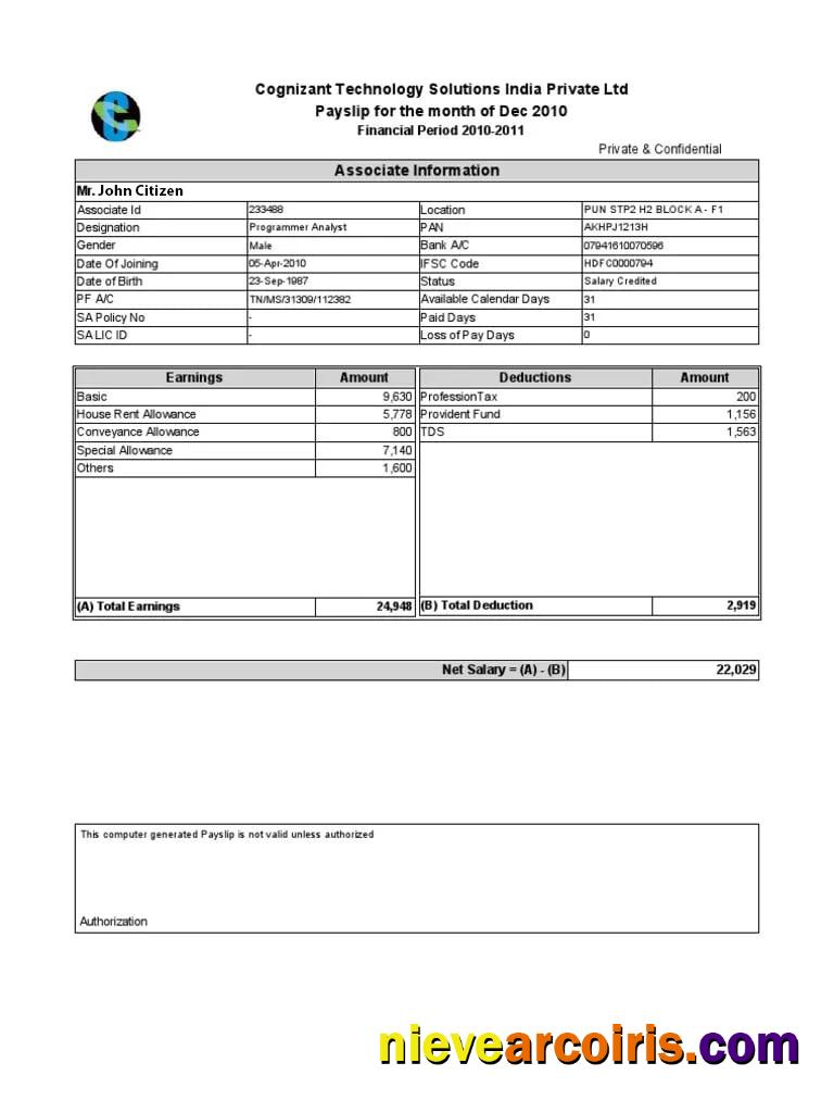 India COGNIZANT Technology Solutions India Private Ltd payslip